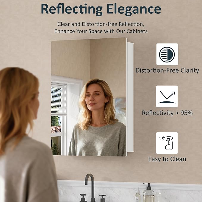 24x30 Inch Medicine Cabinet with Mirror, Recessed or Surface Mounted Bathroom Cabinets for Storage, 2 Fully Adjustable Tempered Glass Shelves, Soft-close DTC Hinges, HD Reflection Mirror Door, White