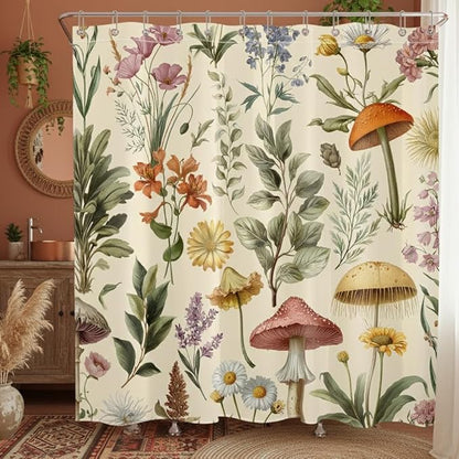 Boho Mushroom Shower Curtain Cottagecore Botanical Floral Bathroom Curtain Beige Retro Nature Plant Farmhouse Bathroom Decor with Hooks, 72W x 72L Inches