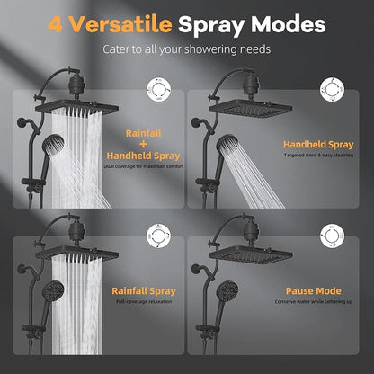 Hibbent 13" Filtered Shower Head & Filtered 10-Mode Handheld Combo, Black | High Pressure 5-Spray Showerhead, 4-way Diverter, Heightened All Metal Extension Arm, 3 Filter Cartridges, Easy Reach