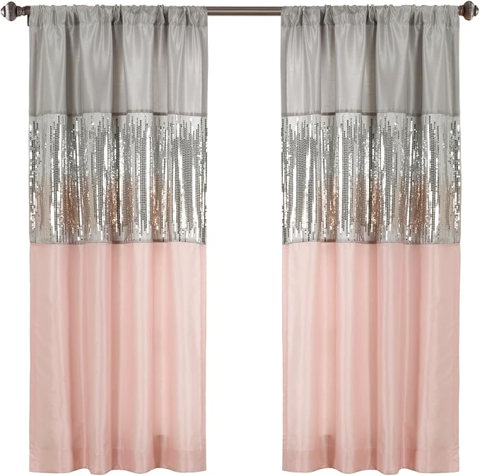 Lush Decor Night Sky Window Curtain Panel, Single 42"W x 63"L Gray & Blush - Sequin Backdrop Curtain - Room Darkening Curtains For Bedroom - Glam Decor