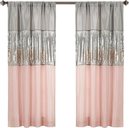 Lush Decor Night Sky Window Curtain Panel, Single 42"W x 63"L Gray & Blush - Sequin Backdrop Curtain - Room Darkening Curtains For Bedroom - Glam Decor