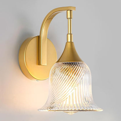 1-Light Gold Wall Sconce, Modern Brass Bathroom Sconces | with Textured Glass Shade, Vintage Wall Lamp for Dining Living Room Bedroom Bathroom Hallway Mirror, E26