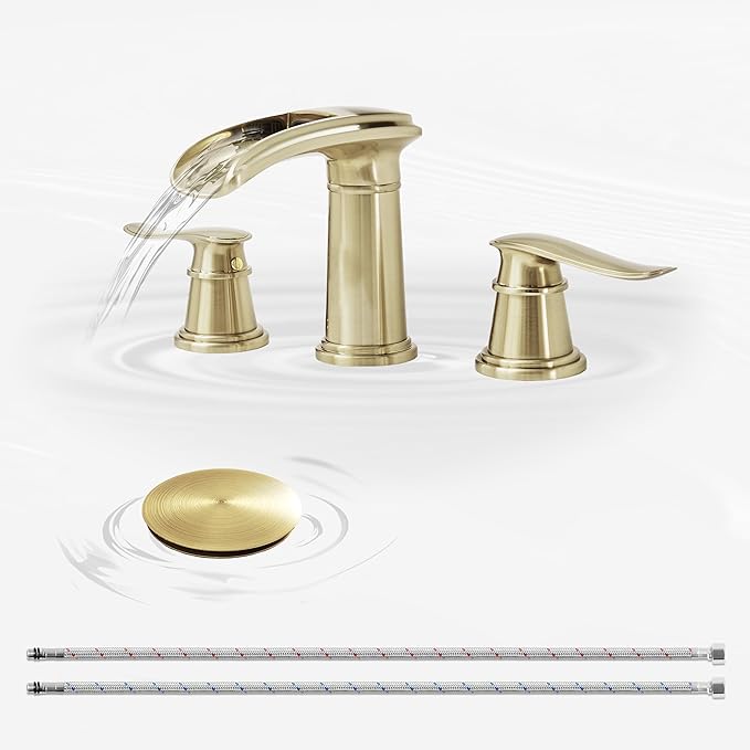 BWE Waterfall Bathroom Faucet, Brushed Gold 8 Inch Widespread Bathroom Sink Faucet Two-Handle with Pop-up Drain, for Vanity, Lavatory Sink