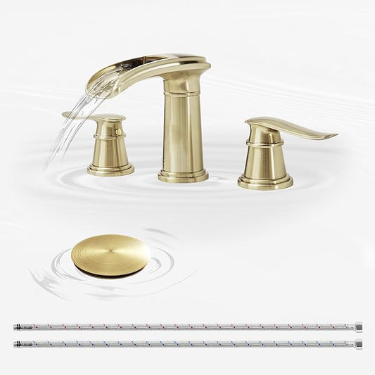 BWE Waterfall Bathroom Faucet, Brushed Gold 8 Inch Widespread Bathroom Sink Faucet Two-Handle with Pop-up Drain, for Vanity, Lavatory Sink