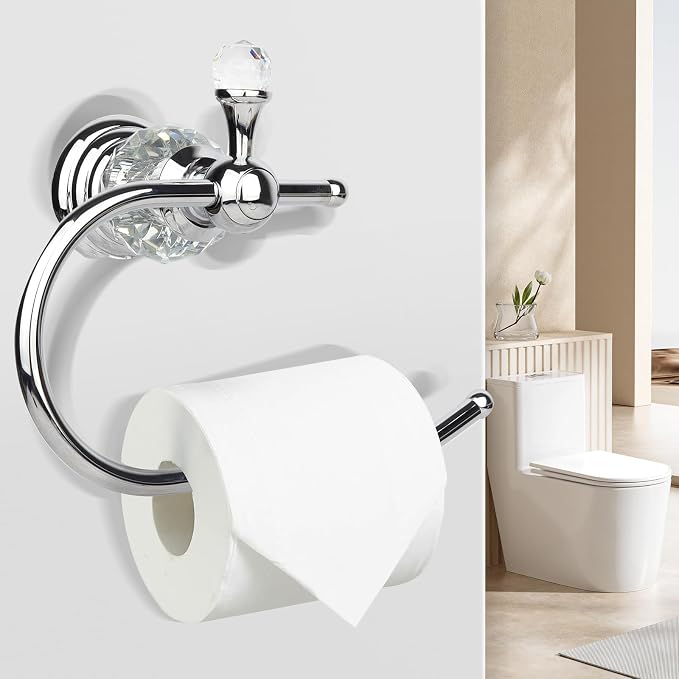 2 Pieces Sets Silver Crystal Series Toilet Paper Holder Wall Mouted Towel Ring, Gold Round Hand Towel Rack Decorative for Bathrooms