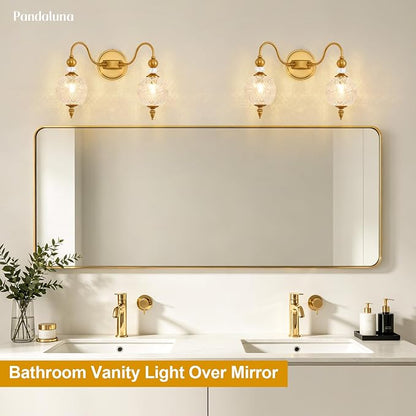 Vintage 2-Light Bathroom Vanity Light Over Mirror, Matte Brass | 17in Wide Farmhouse Bathroom Decor, Ribbed Glass Shades, G9 base, Wall Mounted, Mid Century Wall Sconces Vanity Lighting