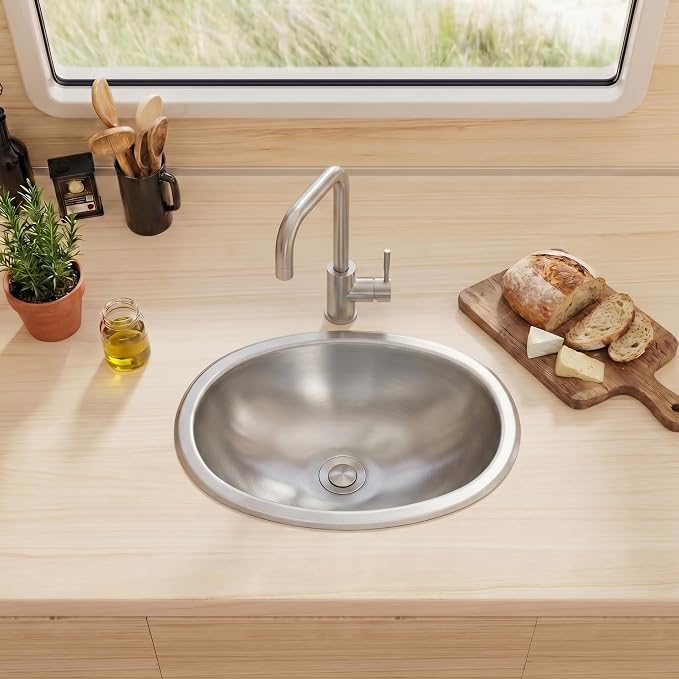 LQS Oval RV Bathroom Sink, 16.73 x 11.81 Inch Stainless Steel RV Sink | Topmount Oval RV Sink for Camper Bathrooms, Kitchens and Bars; 5.12-Inch Depth with Sink Drain Assembly Included