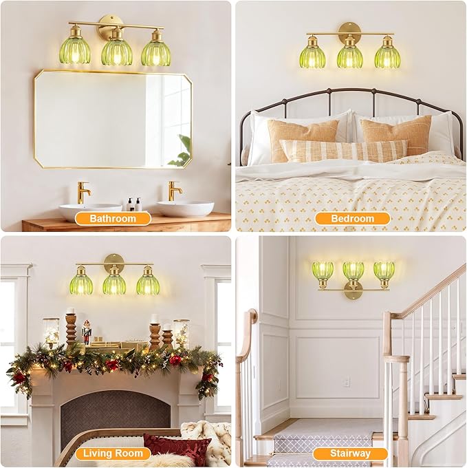 Bathroom Light Fixtures, 3-Light Brushed Gold Vanity Lights for Bathroom with Green Tulip Glass Shade, 20" Vintage Bathroom Vanity Lighting Fixtures Over Mirror for Bedroom Living Room Hallway