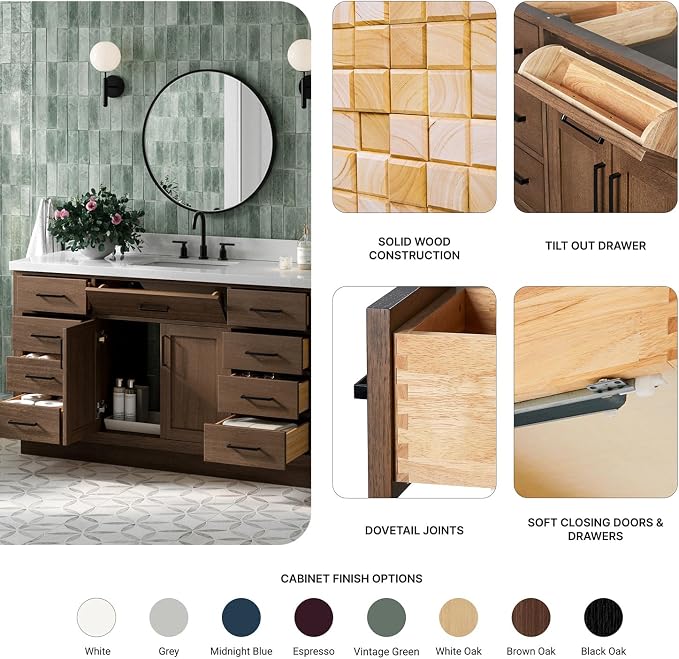 ARIEL Hepburn 60-inch Bathroom Vanity with Sink,Solid Wood, 1.5-inch Pure White Quartz Countertop, Single Rectangular Porcelain Sink, 2 Soft Closing Doors, 9 Dovetail Drawers, Brown Oak