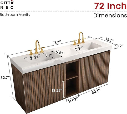 72" Bathroom Vanity with Double Sink, Freestanding Double Sink Bathroom Vanity with White Engineered Stone Top, Open Storage Cabinet & Adjustable Shelf, 4 Soft-Closing Doors, Walnut