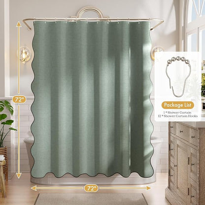 Bathway Modern Scalloped Shower Curtain, Linen Textured Green Shower Curtain Set with 12 Metal Hooks, Neutral Cute Elegant Shower Curtain with Black Border for Bathroom, 72x72 Inches