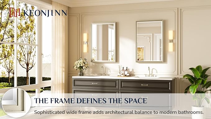 Keonjinn Brushed Nickel Bathroom Mirror 24 x 36 Inch, Aluminum Alloy Frame | Safe Tempered Glass with Beveled Edge, Clear Reflection, Secure French Cleat, Transitional Rectangle Vanity Mirror, Entryway