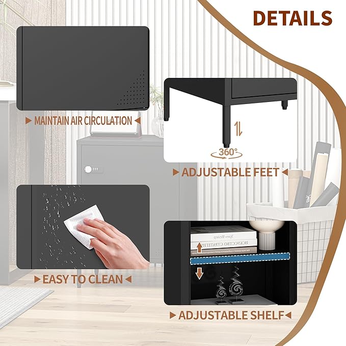 Metal Nightstand with Lockable Cabinet and Adjustable Shelf, Bedside Table with Digital Combination Lock, Secure Storage End Table for Bedroom Office Dorm (Black)