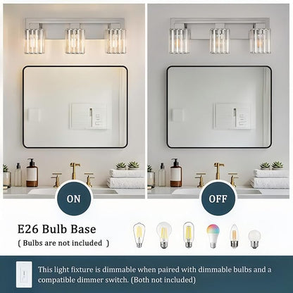 Brushed Nickel Bathroom Light Fixtures, 3-Light Vanity Light Over Mirror | Wall Sconces with Square Crystal Shades, E26 Socket, Modern Vanity Lights for Bathroom (Bulbs Not Included)