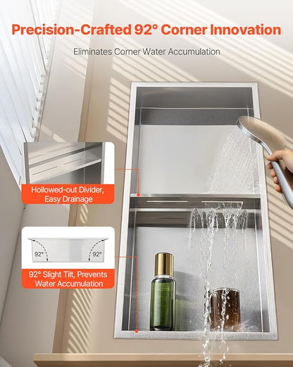 VEVOR Shower Niche, 13 x 25 x 4 inch Recessed Wall Niche Double-Layer, with Hollowed-Out Divider,Heavy-Duty Stainless Steel Modern Shampoo Storage Organizer,Waterproof, Silver for Bathroom