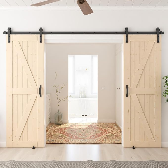 SmartStandard 28in x 80in Sliding Barn Wood Door Pre-Drilled Ready to Assemble, DIY Unfinished Solid Spruce Wood Panelled Slab, Interior Single Door Only, Natural, K-Frame (Fit 5FT Rail) | Pre-Drilled Ready to Assemble, DIY Unfinished Solid Spruce Wood...