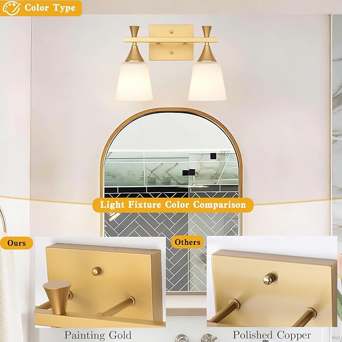 2 Light Modern Bathroom Vanity Light, Milk Glass Wall Light Fixtures Over Mirror, Brushed Gold Vanity Lighting for Bathroom, Living Room, Bedroom, E26 Base (Exclude Bulb)