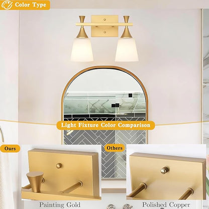 2 Light Modern Bathroom Vanity Light, Milk Glass Wall Light Fixtures Over Mirror, Brushed Gold Vanity Lighting for Bathroom, Living Room, Bedroom, E26 Base (Exclude Bulb)