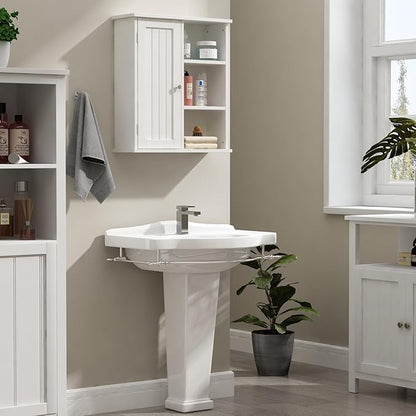Treocho Bathroom Wall Cabinet, Medicine Cabinet with Door and 3 Open Shelves, Wall Mounted Storage Organizer for Bathroom, Kitchen, Living Room, White