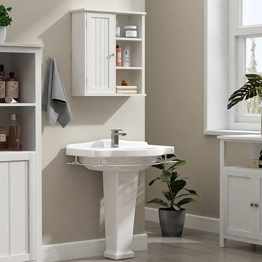 Treocho Bathroom Wall Cabinet, Medicine Cabinet with Door and 3 Open Shelves, Wall Mounted Storage Organizer for Bathroom, Kitchen, Living Room, White