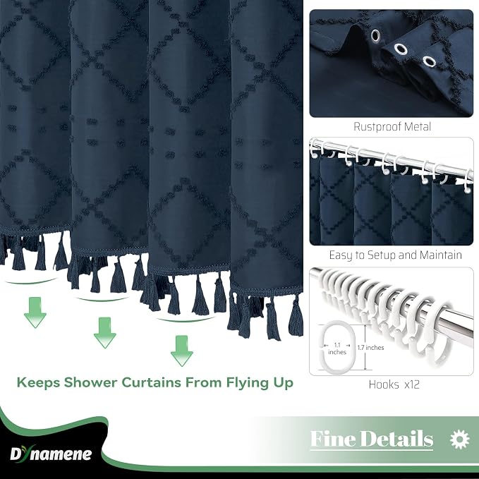 Extra Long Boho Shower Curtain Tufted Geometric 72"x84" Navy Blue | 84 Inch Tall, Elegant Tassel, Lightweight Textured Fabric, Water Repellent, Washable, Hotel Spa, for Bathroom/Dorm 12 Hooks