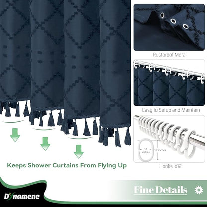 Extra Long Boho Shower Curtain Tufted Geometric 72"x96" Navy Blue | 96 Inch Tall, Elegant Tassel, Lightweight Textured Fabric, Water Repellent, Washable, Hotel Spa, for Bathroom/Dorm 12 Hooks