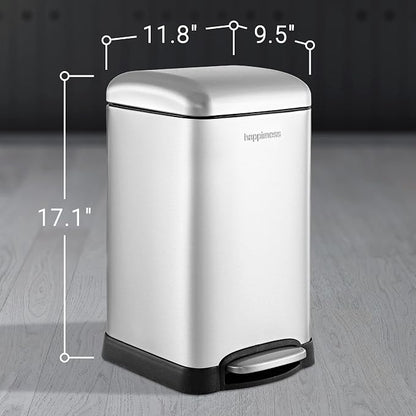 happimess Betty Retro Mini 3.2 Gal Step Trash Can, Platinum Silver | Soft-Close Lid, Fingerprint Proof, Removable Liner, Stainless Steel, Hands-Free Pedal