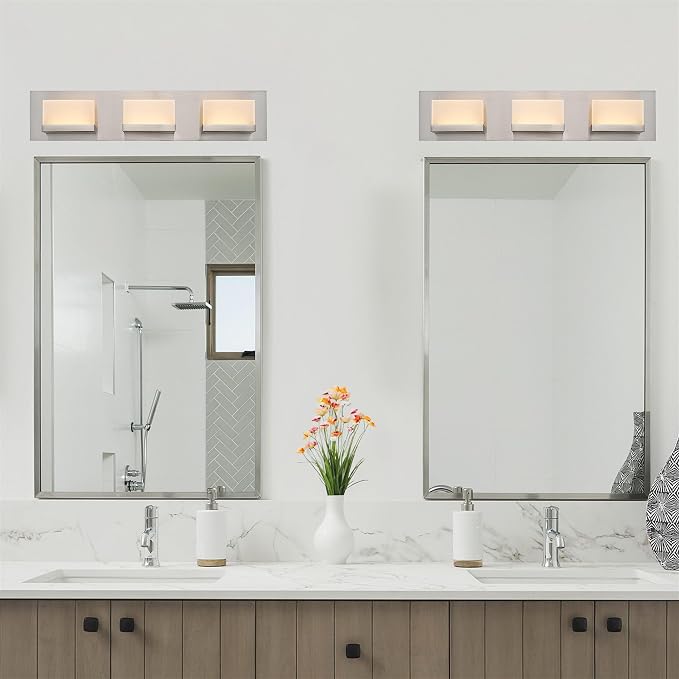Kira Home Everett 24" Modern Integrated LED 3-Light Bathroom Vanity Light | 30W 3000K Warm White Light, Minimalist Bathroom Wall Sconce with Frosted Acrylic Blocks, Brushed Nickel Finish