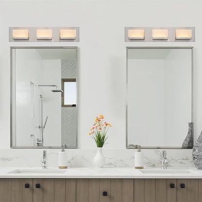 Kira Home Everett 24" Modern Integrated LED 3-Light Bathroom Vanity Light | 30W 3000K Warm White Light, Minimalist Bathroom Wall Sconce with Frosted Acrylic Blocks, Brushed Nickel Finish