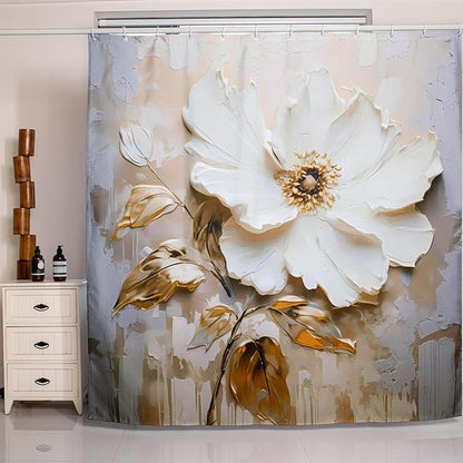 Elegant Floral Shower Curtain, Modern Minimalist White Flower and Gold Accents on Taupe Fabric Bathroom Decor, Waterproof & Washable Shower Curtain Set with Hooks, 72x72 Inch