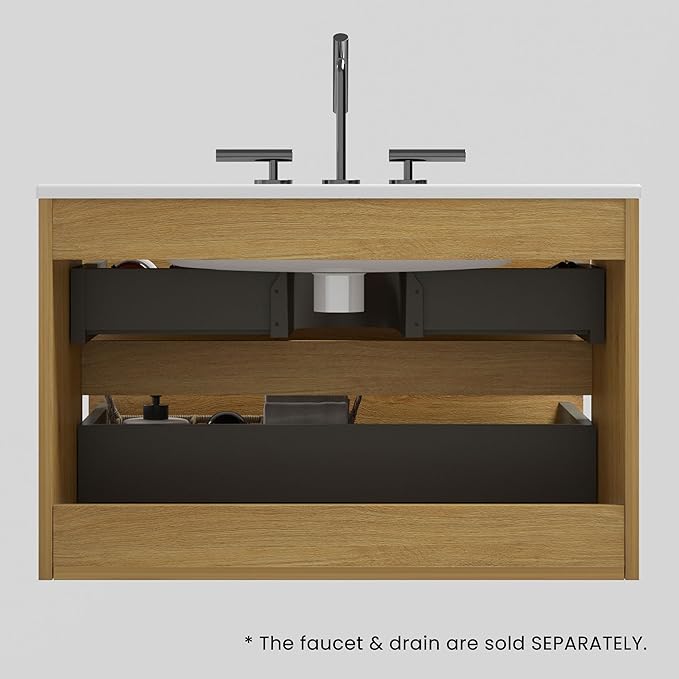 30" Bathroom Vanity with Sink, Modern Floating Vanity with Double Soft Closing Drawers, Large Storage for Small Space, Natural Oak, Fully Assembled - Iris Collection