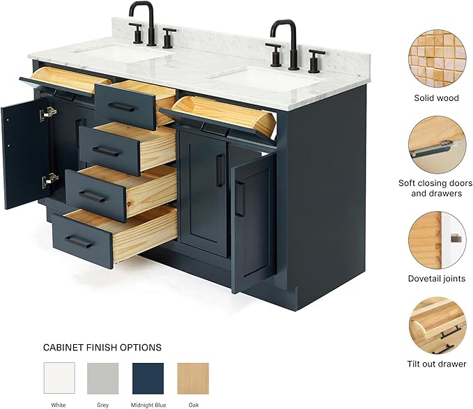 ARIEL Hepburn 60-inch Bathroom Vanity with Sink,Solid Wood, 0.75-inch Italian Carrara Marble Countertop, Double Rectangular Porcelain Sink, 4 Soft Closing Doors, 6 Dovetail Drawers, Midnight Blue