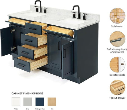 ARIEL Hepburn 60-inch Bathroom Vanity with Sink,Solid Wood, 0.75-inch Italian Carrara Marble Countertop, Double Rectangular Porcelain Sink, 4 Soft Closing Doors, 6 Dovetail Drawers, Midnight Blue