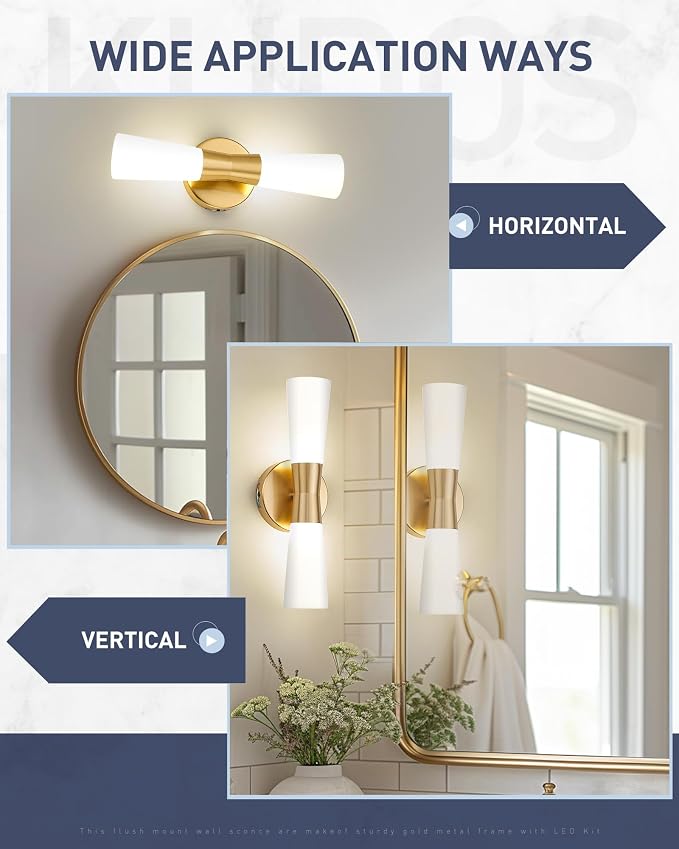kudos 16 Inch Brushed Gold Vanity Light, Milk White Glass, 3CCT, KDVL13-GD | LED, 14W, 1100 Lumens, 3000K, 4000K and 5000K Selectable, Hardwired,for Bathrooms and Bedrooms
