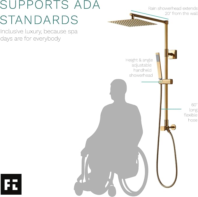 Polaris Lux Rain Shower System, includes 10” Square Rainfall Shower Head and Handheld Shower Combo, Height Adjustable Spray Holder, Retrofit, 60” Hose (2.5 GPM Brushed Gold)