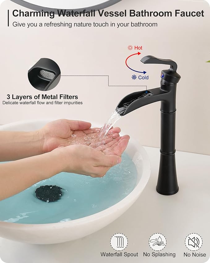 Black Waterfall Tall Bathroom Faucet Single Hole, Brass Bathroom Vessel Sink Faucet Single Handle with Pop-Up Drain & Pre-Installed Hoses, No Noise