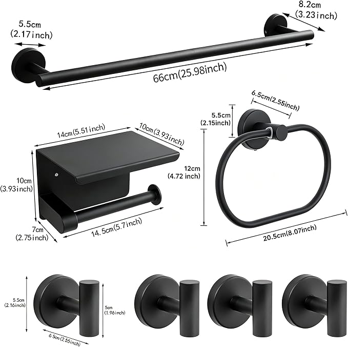 7-Piece Bathroom Hardware Accessories Set, SUS304 Towel Bar, Black | 25.9-Inch Towel Rack, Oval Towel Ring, Toilet Paper Holder with Shelf & 4 Robe Towel Hooks, Wall-Mounted Towel Holder Set