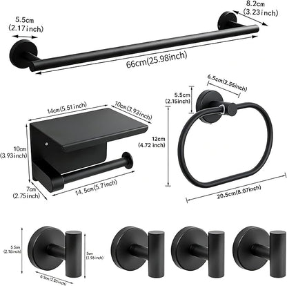 7-Piece Bathroom Hardware Accessories Set, SUS304 Towel Bar, Black | 25.9-Inch Towel Rack, Oval Towel Ring, Toilet Paper Holder with Shelf & 4 Robe Towel Hooks, Wall-Mounted Towel Holder Set