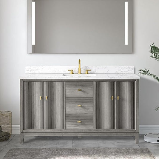 Vanity Art 60" Bathroom Vanity with Single Sink & Arabescato White Engineered Stone Top, Vanity Cabinet with Soft Closing Door, Solid Wood Frame, Golden Brushed Handles, Driftwood Gray VA8160S-DG-GB