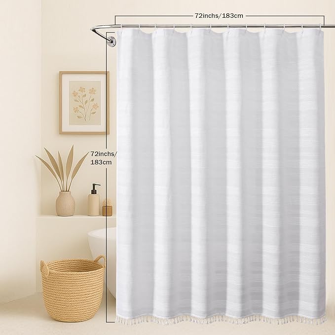 White Boho Shower Curtain 72 Inch Long, Modern Farmhouse Rustic Striped Fabric Shower Curtain with Tassel, Heavy Duty Vintage Country Bathroom Decoration, 72Wx72L Inches