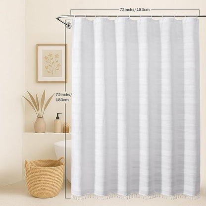 White Boho Shower Curtain 72 Inch Long, Modern Farmhouse Rustic Striped Fabric Shower Curtain with Tassel, Heavy Duty Vintage Country Bathroom Decoration, 72Wx72L Inches