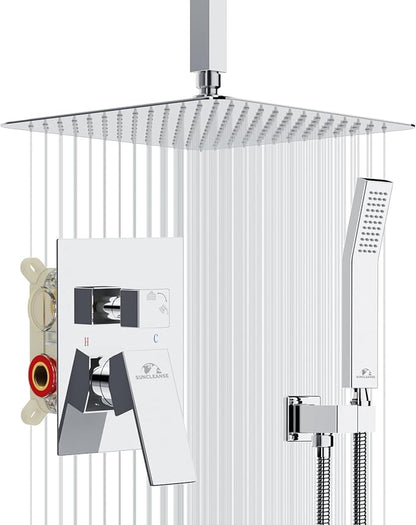 SunCleanse Rainfall Shower System Polished Chrome Ceiling Mounted Shower System Combo Set with High Pressure 12 Inches Square Rain Shower Head Handheld and Shower Faucet Rough-in Mixer Valve and Trim