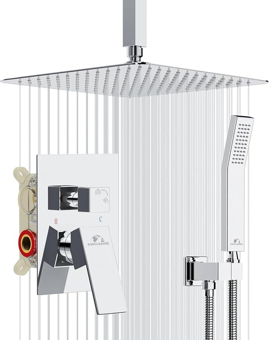 SunCleanse Rainfall Shower System Polished Chrome Ceiling Mounted Shower System Combo Set with High Pressure 12 Inches Square Rain Shower Head Handheld and Shower Faucet Rough-in Mixer Valve and Trim