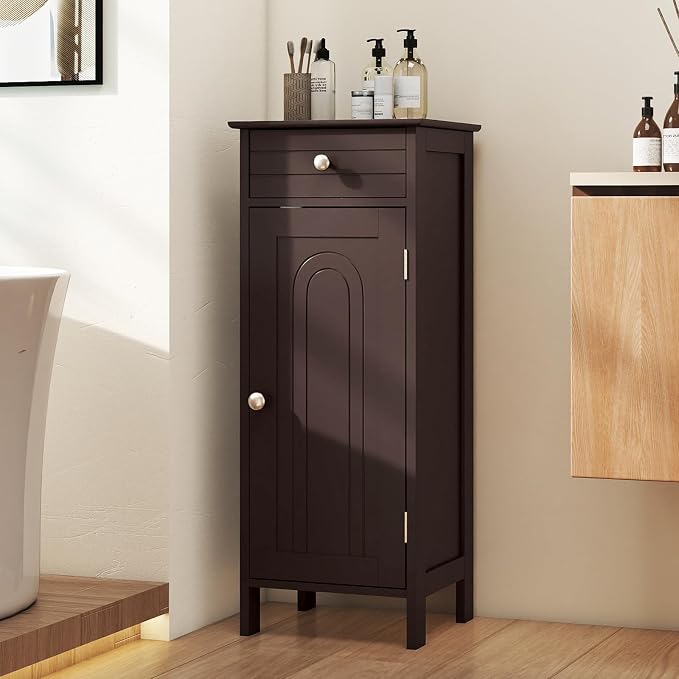 Giantex 34.5" Bathroom Cabinet with Drawer & Single Door (Brown) | Narrow Side Storage Organizer with 6 Shelf Positions, Freestanding Floor Storage Cabinet for Bathroom, Living Room, Entryway