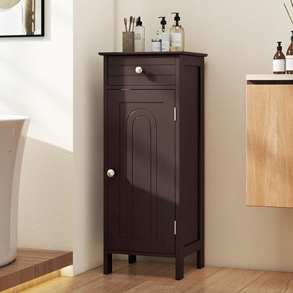 Giantex 34.5" Bathroom Cabinet with Drawer & Single Door (Brown) | Narrow Side Storage Organizer with 6 Shelf Positions, Freestanding Floor Storage Cabinet for Bathroom, Living Room, Entryway