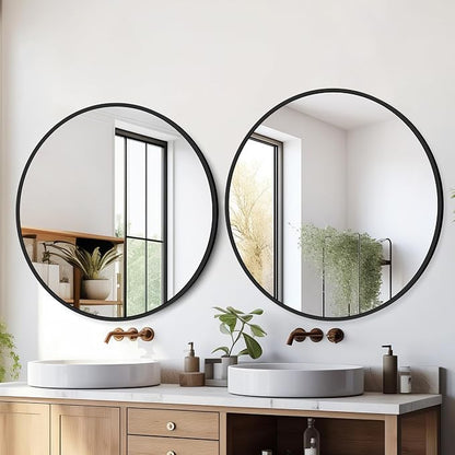 26 Inch Black Round Circle Mirror for Bathroom Wall, Metal Frame | HD tempered glass for clear, distortion-free reflection. Mounting hardware included for vertical or horizontal wall mount.