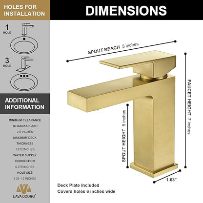 Lava Odoro Brushed Gold Bathroom Faucet Single Hole,Modern Bathroom Sink Faucet Single Handle Vanity Faucet with Pop up Drain Assembly, Deck Plate Included, 1.2 GPM, BF307-SG
