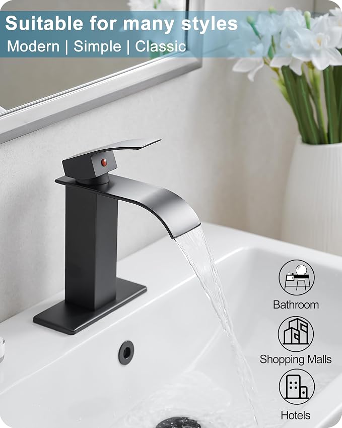 Matte Black Bathroom Faucet 1 Hole or 3 Hole (4 Inch), Brass Waterfall Faucet for Bathroom Sink, Modern Bathroom Faucets Single Handle with Deck Plate & Pop-up Drain Supply Hoses No Noise