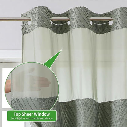 eachope no Hook Shower Curtain and Liner Set，Boho Style with See Through Top Window, SageGreen Fabric Tufted Striped Textured Outer Curtain & Waterproof Inner Liner, SageGreen, 71Wx77H