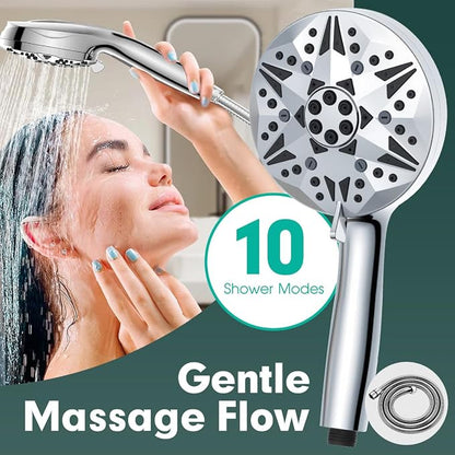 Filtered High Pressure Handheld Shower Head – 10 Spray Modes with Rain & Massage, Built-in Filter for Cleaner Water, Anti-Clog Nozzles, Power Rinse for Tile & Pets, Chrome Finish